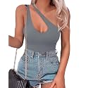 SAUNGKUAI Women's Sexy One Shoulder Sleeveless Cutout Thong Bodysuit Tank Top Body Suits Backless Asymmetrical Going Out Tops