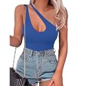SAUNGKUAI Women's Sexy One Shoulder Sleeveless Cutout Thong Bodysuit Tank Top Body Suits Backless Asymmetrical Going Out Tops