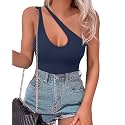 SAUNGKUAI Women's Sexy One Shoulder Sleeveless Cutout Thong Bodysuit Tank Top Body Suits Backless Asymmetrical Going Out Tops