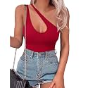 SAUNGKUAI Women's Sexy One Shoulder Sleeveless Cutout Thong Bodysuit Tank Top Body Suits Backless Asymmetrical Going Out Tops