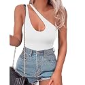 SAUNGKUAI Women's Sexy One Shoulder Sleeveless Cutout Thong Bodysuit Tank Top Body Suits Backless Asymmetrical Going Out Tops