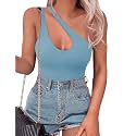 SAUNGKUAI Women's Sexy One Shoulder Sleeveless Cutout Thong Bodysuit Tank Top Body Suits Backless Asymmetrical Going Out Tops