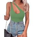 SAUNGKUAI Women's Sexy One Shoulder Sleeveless Cutout Thong Bodysuit Tank Top Body Suits Backless Asymmetrical Going Out Tops