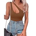 SAUNGKUAI Women's Sexy One Shoulder Sleeveless Cutout Thong Bodysuit Tank Top Body Suits Backless Asymmetrical Going Out Tops