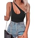 SAUNGKUAI Women's Sexy One Shoulder Sleeveless Cutout Thong Bodysuit Tank Top Body Suits Backless Asymmetrical Going Out Tops