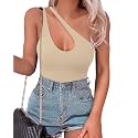 SAUNGKUAI Women's Sexy One Shoulder Sleeveless Cutout Thong Bodysuit Tank Top Body Suits Backless Asymmetrical Going Out Tops