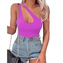 SAUNGKUAI Women's Sexy One Shoulder Sleeveless Cutout Thong Bodysuit Tank Top Body Suits Backless Asymmetrical Going Out Tops
