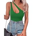 SAUNGKUAI Women's Sexy One Shoulder Sleeveless Cutout Thong Bodysuit Tank Top Body Suits Backless Asymmetrical Going Out Tops