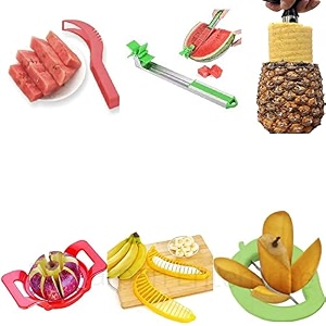 savani plastic fruit combo of large watermelon cutter amp slicer corer server scoop with deluxe apple cutter premium mango cutter pineapple cutter and banana cutter - pack of 6 multicolor
