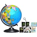 SAVY 12 Inch Globe with 52 Countries Trump Cards, 75 mm Magnifier &amp; 2 Map Charts, Black Arc and Base, Laminated Multicolor Map, Blue Ocean for Kids School Home Office Table Décor Rotating, World Globe