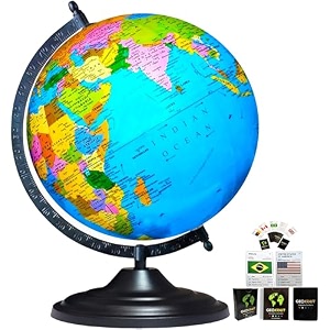savy globe 12 inch3048 cm with 52 countries trump cards black arc and base laminated multicolor map blue ocean for kids school home office table dcor rotating political geography world globe