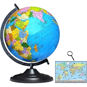 savy globe 12 inch3048 cm with 50 mm magnifier amp world map black arc and base laminated multicolor map blue ocean for kids school home office table dcor rotating political world globe