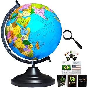 savy globe 12 inch3048 cm with 52 countries trump cards amp 50 mm magnifier black arc and base laminated multicolor map blue ocean for kids school home office table dcor rotating globe