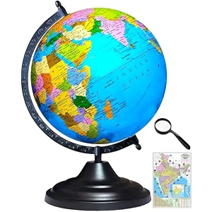 savy globe 12 inch3048 cm with 50 mm magnifier amp india map black arc and base laminated multicolor map blue ocean for kids school home office table dcor rotating political geography world globe