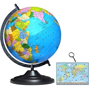 savy globe 12 inch3048 cm with 75 mm magnifier amp world map black arc and base laminated multicolor map blue ocean for kids school home office table dcor rotating political world globe