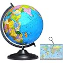 SAVY Globe 12 Inch=30.48 cm with 75 mm Magnifier &amp; World Map, Black Arc and Base, Laminated Multicolor Map, Blue Ocean for Kids School Home Office Table Décor Rotating, Political, World Globe