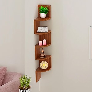 savya home 5 tier zig zag corner wall shelf for living room  wall mounted shelf engineered wood  durable amp sturdy wall shelf  teak natural  1 piece