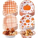 Sawysine 50 Pcs 16 oz Fall Paper Disposable Bowl, Pumpkin & Orange Plaid