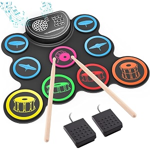sboet - electronic drum set 9 drum practice pad with headphone jack roll up drum kit machine with built-in drum pedals and sticks 10 hours of