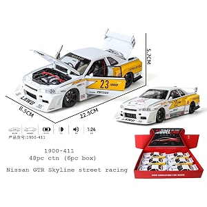 scale exclusive alloy metal pull back die-cast car model with sound light mini auto toy for kids metal model toy car with sound and light 124 niss-an gtr r34 skyline-yellow