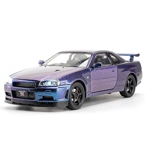 scale exclusive alloy metal pull back die-cast car model with sound light mini auto toy for kids metal model toy car with sound and light 124 niss-an gtr r34 -purple