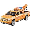 Scale Exclusive Alloy Metal Pull Back Die-cast Car Model with Sound Light Mini Auto Toy for Kids Metal Model Toy Car with Sound and Light (1.28 Scale CHEV-ROLET Pickup Truck Trailer-Yellow)