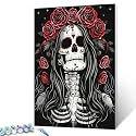 Scary Skeleton Paint by Numbers Kits for Adult Paint by Numbers Day of The Dead Skull Painting Kits on Canvas with Brushes and Acrylic Pigment for Home Wall DIY Framed 16x20 Inch