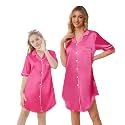 Schbbbta Girls & Women Silk Nightgown, Short Sleeve Button Down Satin Nightshirt Pajama House Dress, 3 Years- Women 2XL