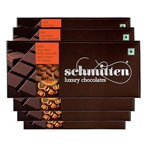 schmitten luxury dark chocolate box flavor- almond and a twist of orange combo - 6 x 70 grams bars 420 grams  premium gift pack for family and special occasions  made with rich cocoa butter