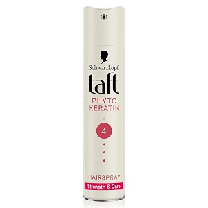 schwarzkopf taft phyto keratin hair spray hold 4 strengthens hair poweful hold protects from wind and humidity no stickiness easy to brush out for salon like finish 250ml