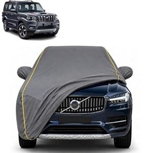 scorpio 100 waterproof car cover  dustproof sun protection cover  soft cotton lining  triple stitched  mirror pocket  antenna pocket  all weather body cover grey with yellow piping
