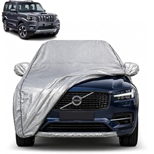 scorpio 100 waterproof car cover  dustproof sun protection cover  soft cotton lining  triple stitched  mirror pocket  antenna pocket  all weather body cover silver with yellow piping