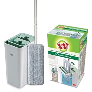 scotch-brite plastic hands-free microfiber flat mop with compact bucket splash proof design amp double scraper for easy squeeze 1 unit