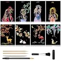 Scratch Art Paper, Rainbow Night View Scratchboard for Adults & Kids, Mini Envelope Postcard Art & Crafts Set: 8 Sheets Scratch Cards & Scratch Drawing Pen, Brush 7.9"x5.5" (Artistic Girl & Animal)