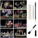 Scratch Art Paper, Rainbow Night View Scratchboard Pads for Adults and Teens, Mini Envelope Postcard Art & Crafts Set: 8 Sheets Scratch Cards & Drawing Pen, Clean Brush 7.9"x5.5"(Fireworks/Building)