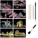 8 Pcs Rainbow Postcards Scratch Art Set Teens (Building / Cherry Blossom)