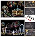 Scratch Rainbow Painting Art Paper,Scratch &amp; Sketch Art for Adults,Creative DIY Gifts&amp;Arts Craft Kits with 4 Tools,16''x11'(Amusement Park)