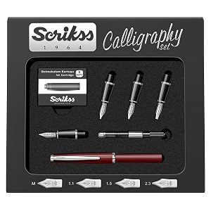 scrikss burgundy calligraphy pen set with medium 11mm 15mm 23mm nib chrome trim clip converter 6 black ink cartridges body amp cap made of burgundy acrylic carbon fibre grip made of abs black