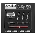 Scrikss Burgundy Calligraphy Pen Set With Medium, 1.1mm, 1.5mm, 2.3mm Nib, Chrome Trim Clip, Converter, 6 Black Ink Cartridges, Body & Cap Made Of Burgundy Acrylic Carbon Fibre, Grip Made Of ABS Black