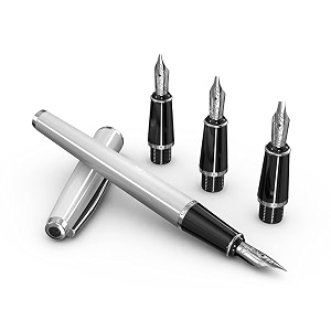 scrikss white calligraphy pen set with medium 11mm 15mm 23mm nib chrome trim clip converter and 6 black ink cartridges body amp cap made of white acrylic carbon fiber grip made of abs black