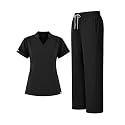 Scrubs for Women Set, Notched V-Neck Top & Straight-Leg Pants