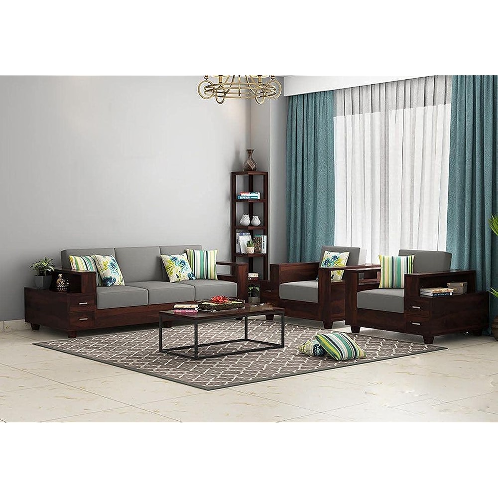 Sheesham Wood 5 Seater Sofa Set for Living Room, Sofa Set with Attached ...