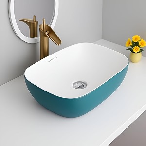 sea shore imported designer ceramic wash basin  cyan amp white table top over counter vessel sink 18 x 13 x 55 inch