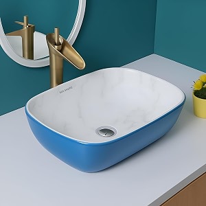 sea shore premium designer ceramic tabletop wash basin  slim rim over counter vessel sink for bathroom amp living room 18 x 13 x 55 inch blue amp white