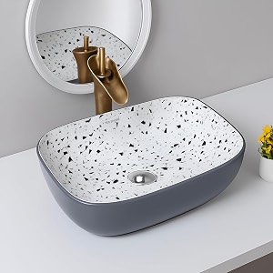 sea shore premium designer ceramic table top wash basin  slim rim vessel sink for bathroom amp living room 18 x 13 x 55 inch grey amp textured white