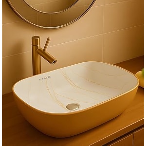 sea shore premium designer table top ceramic wash basin slim rim vessel sink for bathroom amp living room 18 x 13 x 55 inch double color-gold amp white