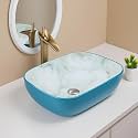 SEA SHORE Premium Designer Table Top Ceramic Wash Basin – Countertop Vessel Sink with Slim Rim for Bathroom/Living Room (18 x 13 x 5.5 Inch, Cyan &amp; White Blue)