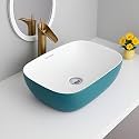 SEA SHORE Imported Designer Ceramic Wash Basin – Cyan &amp; White Table Top Over Counter Vessel Sink (18 x 13 x 5.5 Inch)