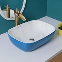 SEA SHORE Premium Designer Ceramic Tabletop Wash Basin – Slim Rim Over Counter Vessel Sink for Bathroom &amp; Living Room (18 x 13 x 5.5 Inch, Blue &amp; White)