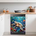 Sea Turtle Dishwasher Magnets Decorative Cover,Colorful Fish Coral Waterproof Magnetic Dishwasher Cover Panel,Refrigerator Magnet Cover for Kitchen Home Decor 23x26 Inch